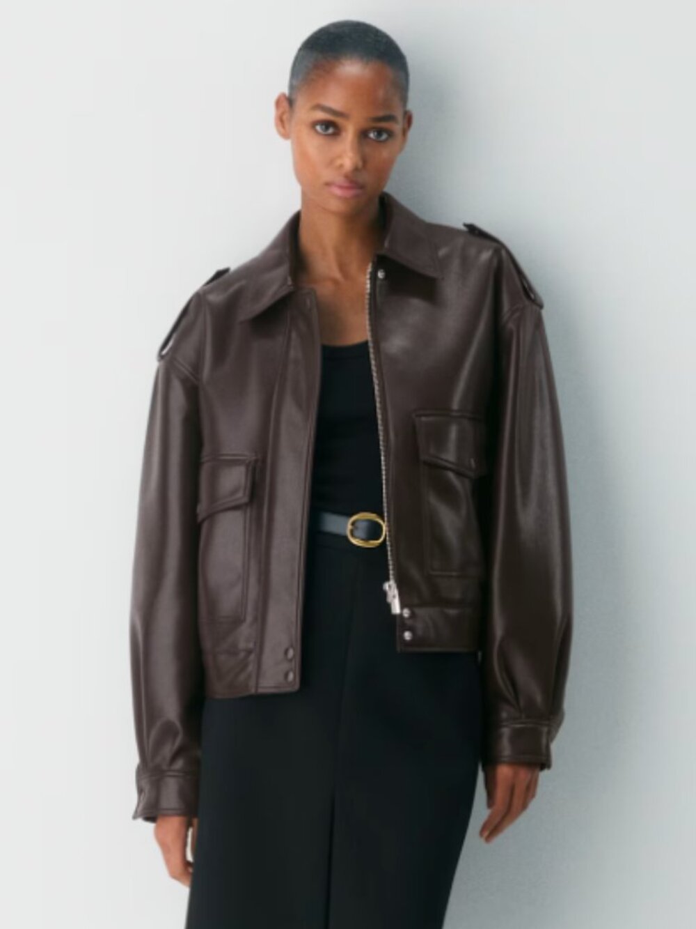 Aritzia Croft Unreal Leather Bomber Jacket - Rich mocha Brown - Small